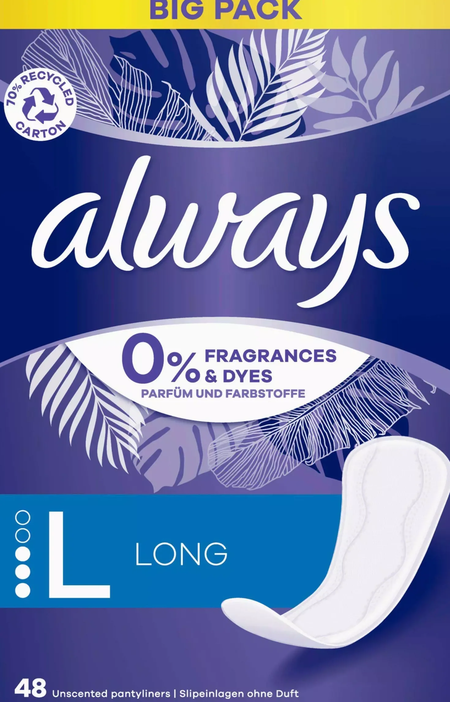 Always Daily Protect Long Panty Liners 0 % Fragrances & Dyes