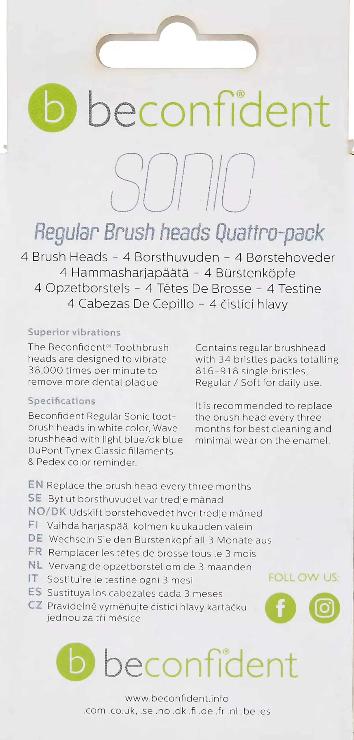 Beconfident Twin pack Beconfident Sonic tootbrush heads. White.