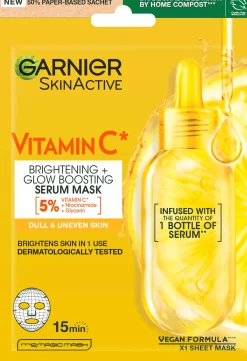 GarnierSkinActive Vitamin C* Brightening + Glow Boosting Serum Sheet Mask for Dull & Uneven Skin 28 g