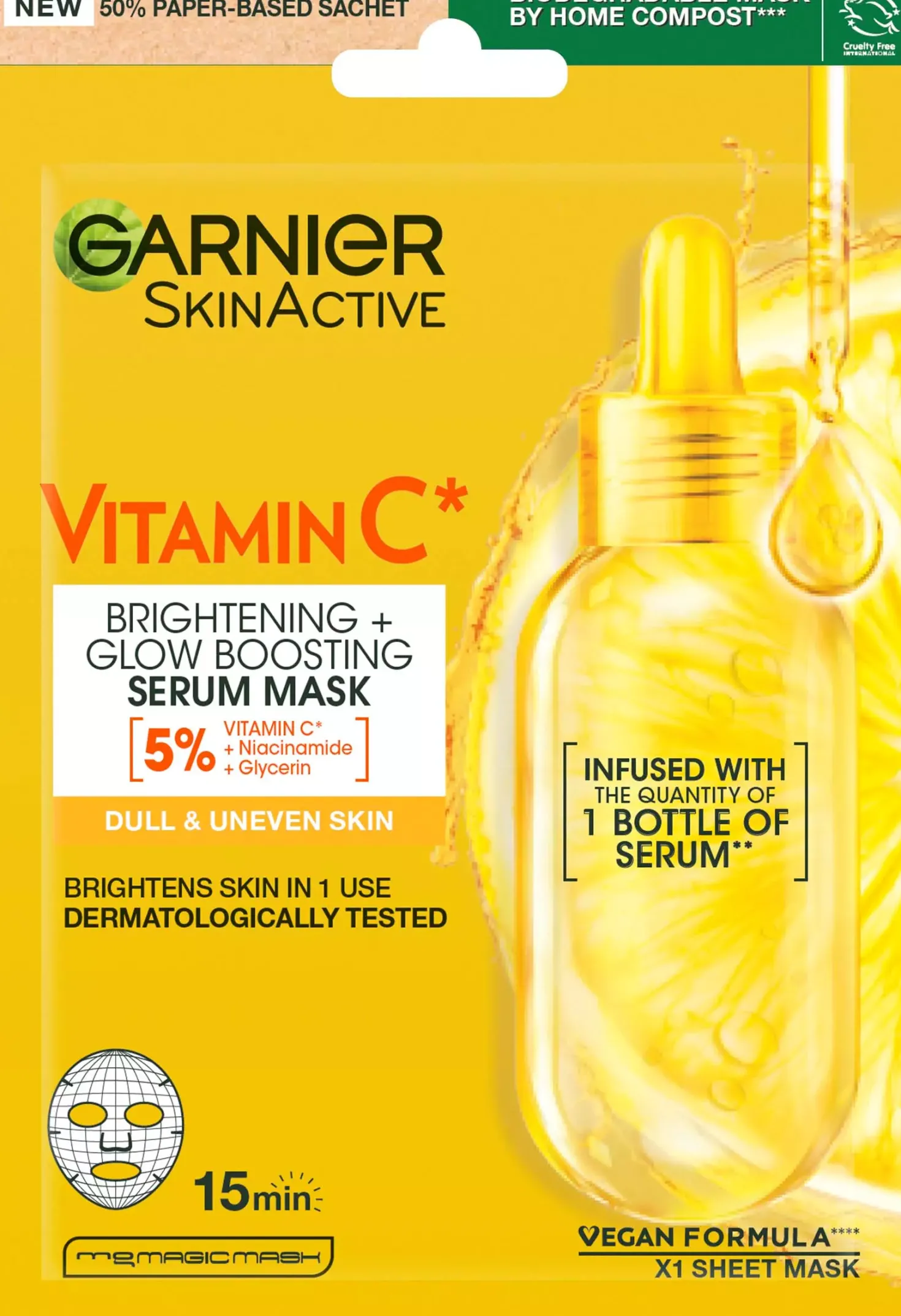 GarnierSkinActive Vitamin C* Brightening + Glow Boosting Serum Sheet Mask for Dull & Uneven Skin 28 g