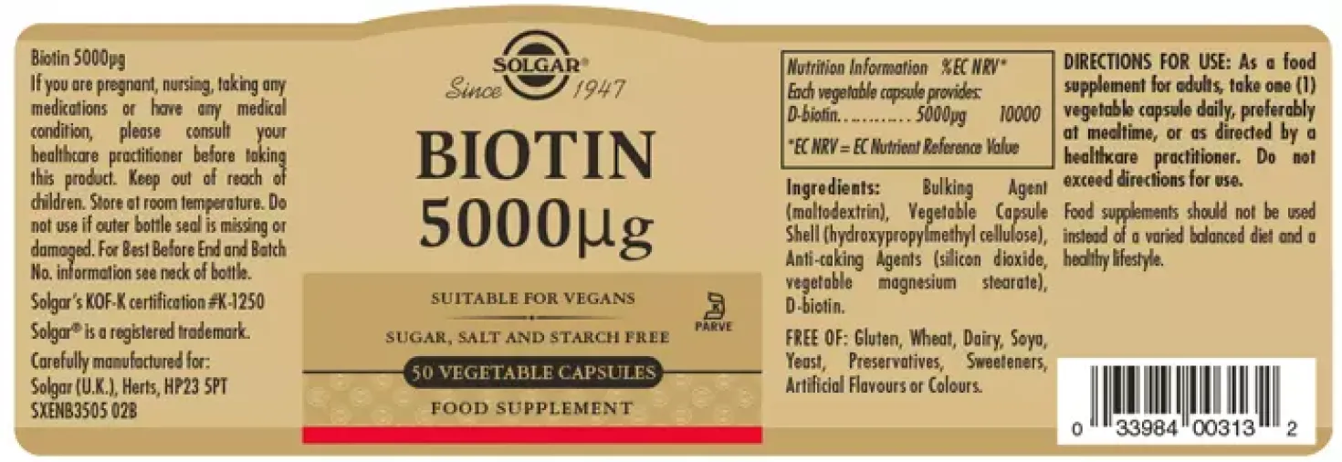 Solgar Biotin 5000 µg Vegetable Capsules 50 stk