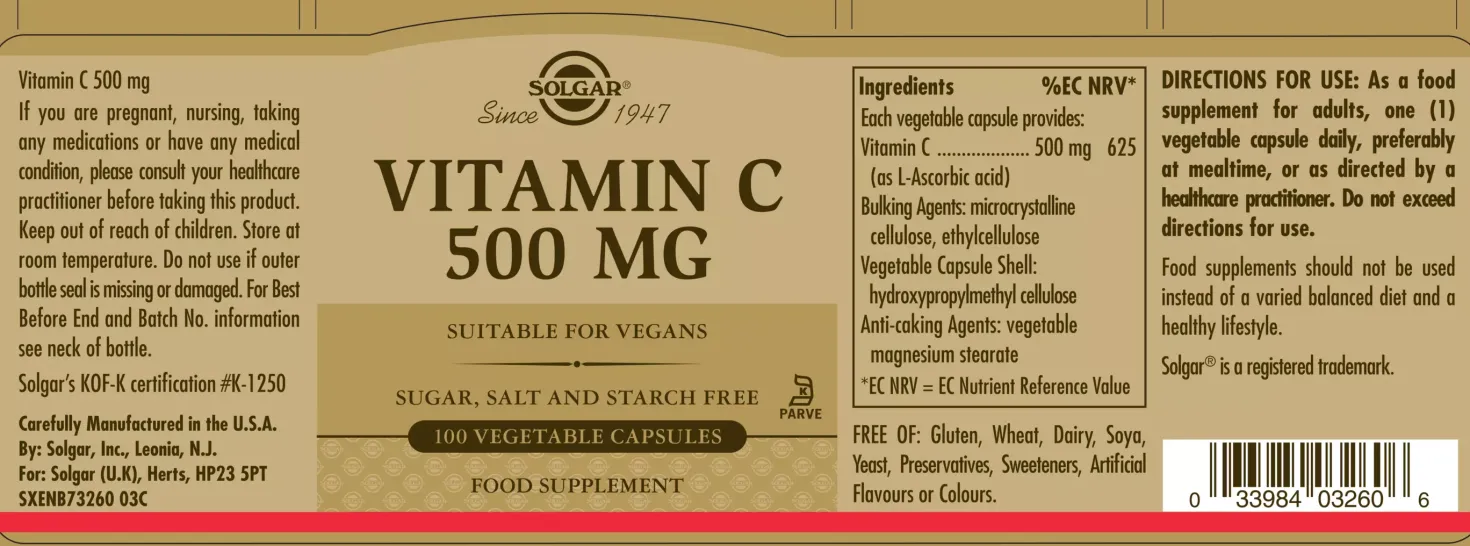 Solgar Vitamin C 500 mg Vegetable Capsules 100 stk